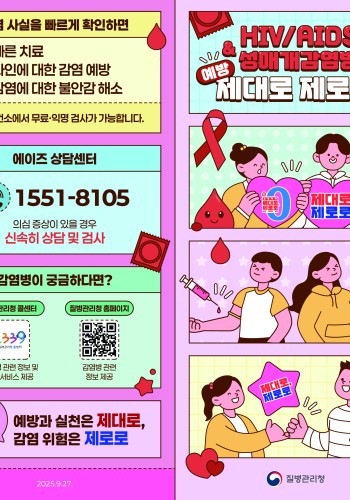 [첫 번째 칸] 콘돔 사용을 제대로 HIV/AIDS, 성매개감염병 감염 위험을 제로로  올바른 콘돔 사용법 ① 콘돔을 포장에서 꺼낸 뒤 볼록한 곳을 잡고 비틀기 ② 콘돔을 발기된 음경에 씌우기 ③ 사정 후 음경이 위축되기 전 콘돔 끝 부분을 잡고 빼내기 ④ 사용한 콘돔은 묶은 뒤 휴지에 싸서 버리기 국내 HIV 감염경로의 99%는 성관계입니다. 성관계 시 콘돔을 꼭! 사용해주세요. 콘돔은 누구나 편의점, 약국 등에서 구매 가능합니다.   [두 번째 칸] 감염 사실을 빠르게 확인하면 · 빠른 치료 · 타인에 대한 감염 예방 · 감염에 대한 불안감 해소 보건소에서 무료·익명 검사가 가능합니다. 에이즈 상담센터 1551-8105 의심 증상이 있을 경우 신속히 상담 및 검사  감염병이 궁금하다면? 질병관리청 콜센터 1339 감염병 관련 정보 및 상담서비스 제공 질병관리청 홈페이지 (QR코드) 감염병 관련 정보 제공  예방과 실천은 제대로, 감염 위험은 제로로 2025.9.27.   [세 번째 칸] HIV/AIDS & 성매개감염병 예방 제대로 제로로 감염 제대로, 제로로 제대로, 제로로 질병관리청    [네 번째 칸] 위험한 성접촉을 하지 않는 것이 가장 확실한 예방입니다! 감염 의심 시 빠른 검사 빠른 치료 - 익명·즉석만남 파트너, 성매매를 통한 성접촉 하지 않기 - 성관계 시 올바른 콘돔 사용하기 - 혈액접촉이 일어날 수 있는 성관계 하지 않기 - 의심 시 빠른 검사 받기 - 치료기간 동안 성관계 자제하기 - 감염 시 상대자도 함께 검사·치료 받기