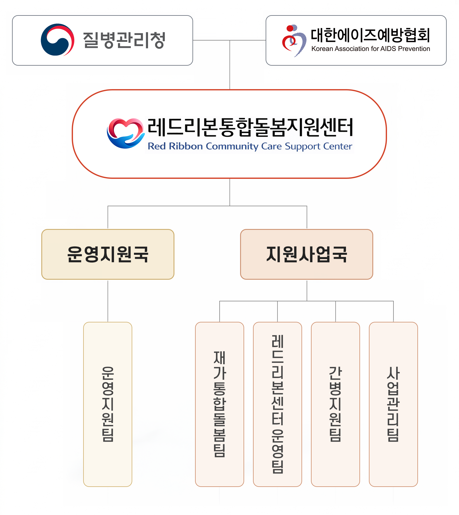 레드리본 통합돌봄지원센터 조직도. 상단에 질병관리청과 대한에이즈예방협회(Korean Association for AIDS Prevention)가 있고, 그 아래 레드리본 통합돌봄지원센터가 있으며, 센터 하부에 운영지원국과 지원사업국이 배치되어 있습니다.